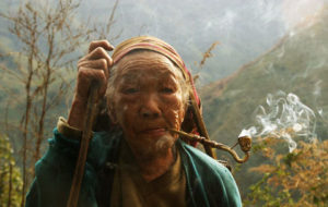 donna cinese fuma nelle piantagioni di tabacco