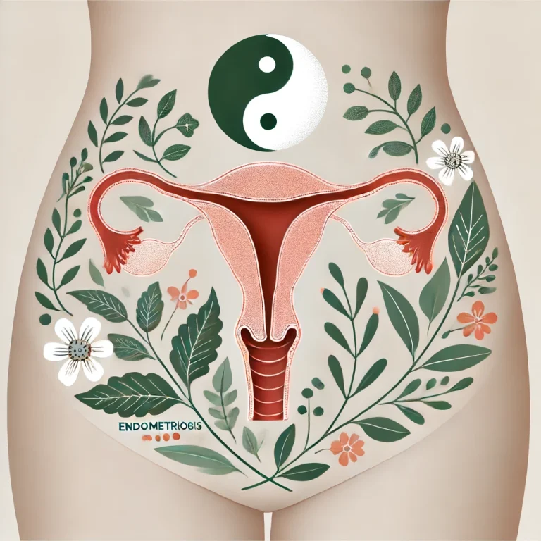 Agopuntura e MTC nel trattamento dell'endometriosi. Pancia con utero e simbolo yin yang con richiami naturali foglie e fiori