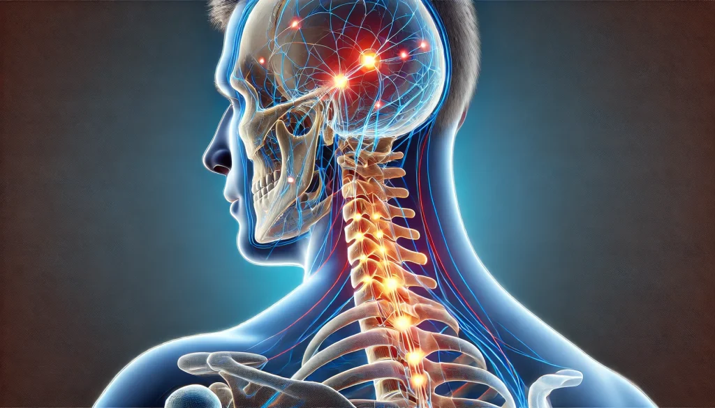 cervicale e testa collegati in trasparenza da linee luminose tipo meridiani agopuntura e nervi