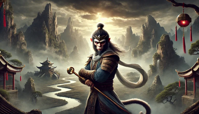 Sun Wu-kong, scimmiotto, su sfondo scuro sfida lo sguardo del lettor. Sfondo paesaggio cinese